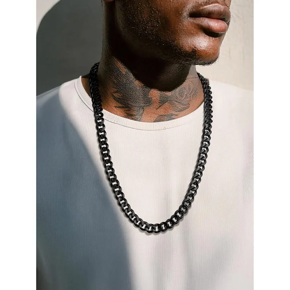 Men's 12MM Width-Black Stainless Steel Miami Cuban Curb Link Chain Necklace